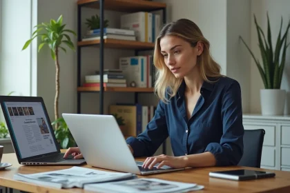Femme consultant les prix d'abonnement magazine sur un site de formation business depuis son bureau à domicile