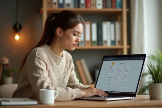 Femme accédant à la plateforme PIA Académie Orléans Tours depuis son bureau à domicile sur un ordinateur portable