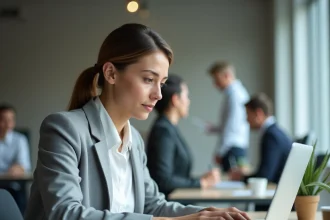 Femme professionnelle accédant au portail ENC92 sur enc.hauts-de-seine.fr depuis son bureau