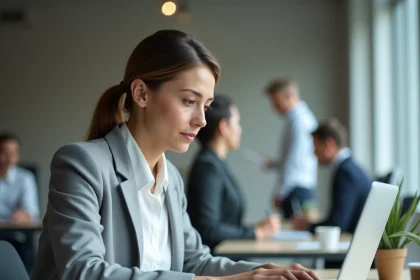 Femme professionnelle accédant au portail ENC92 sur enc.hauts-de-seine.fr depuis son bureau