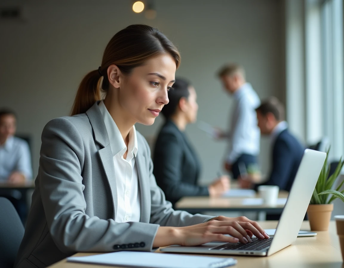 Femme professionnelle accédant au portail ENC92 sur enc.hauts-de-seine.fr depuis son bureau