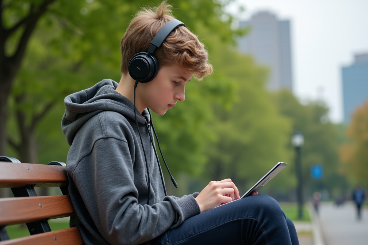 Adolescent utilisant sa tablette dans un parc urbain
