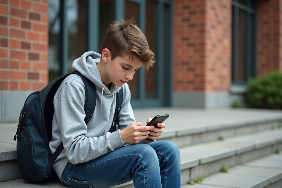 Adolescent regardant son smartphone assis sur des marches extérieures
