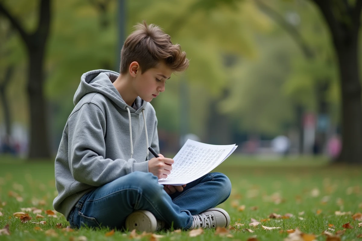 Adolescent concentré remplissant un test IQ dans un parc urbain