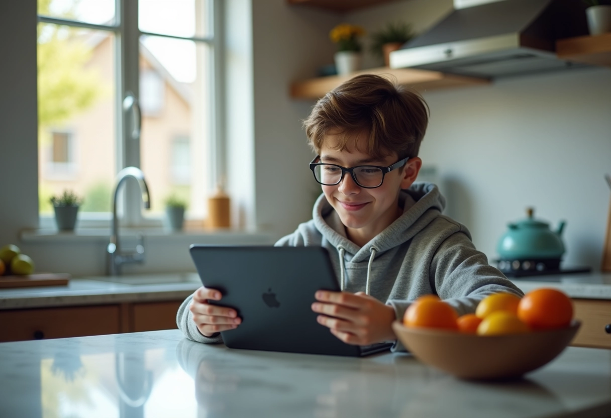 Adolescent souriant utilisant une tablette dans la cuisine moderne
