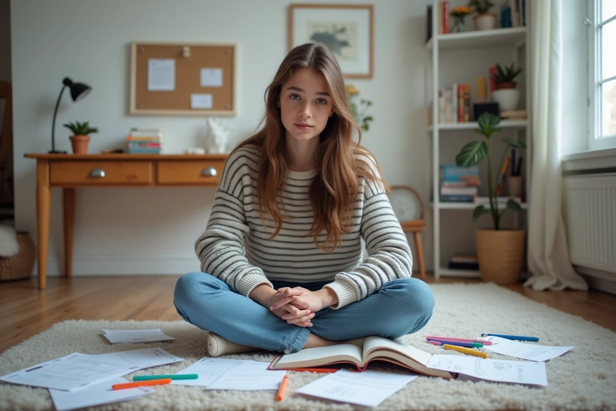 Adolescente pratiquant l'apprentissage alternatif dans sa chambre entourée de cahiers et de fiches pédagogiques dans un appartement français