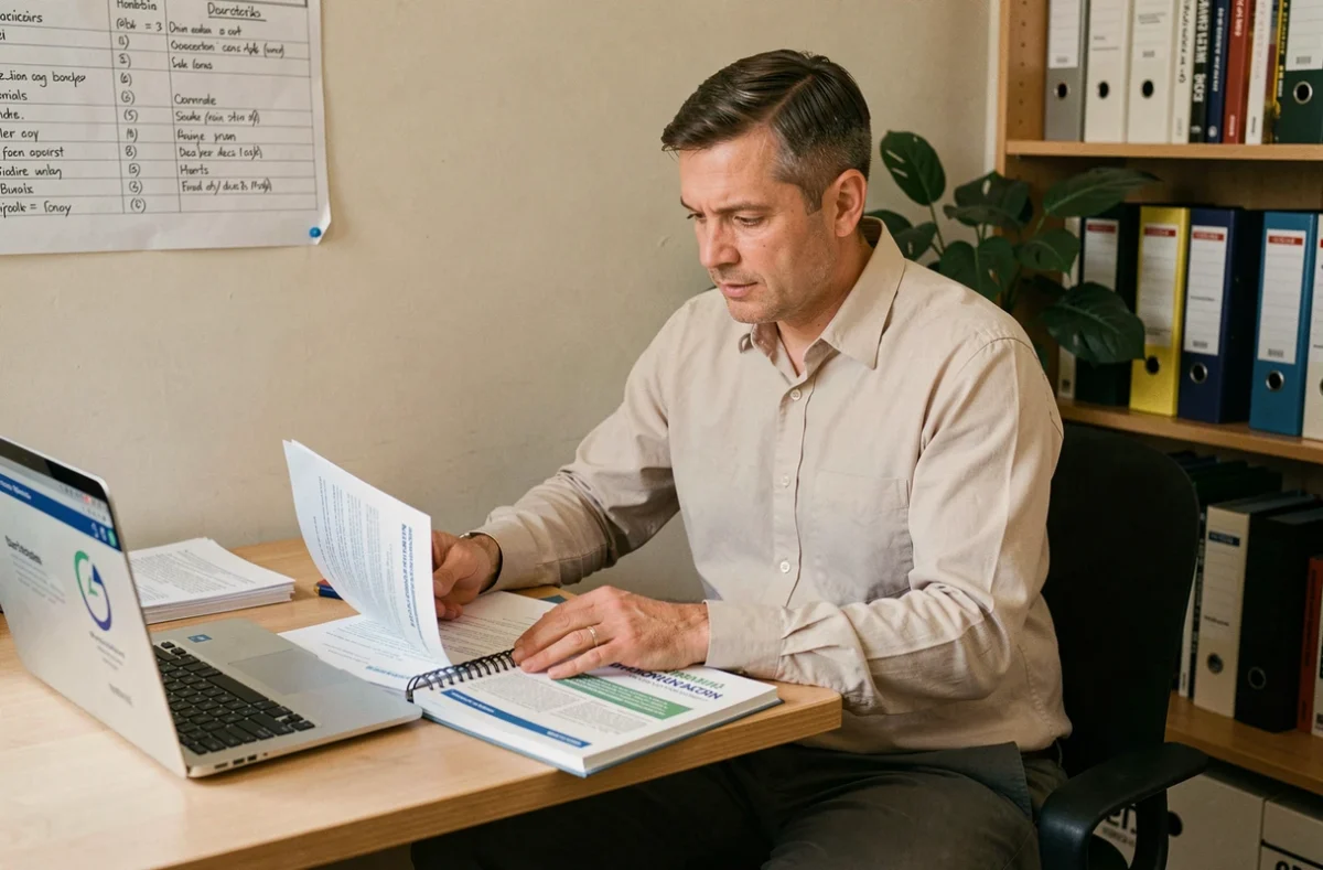 Adulte en reconversion étudiant pour devenir ATSEM depuis son domicile avec des documents de formation