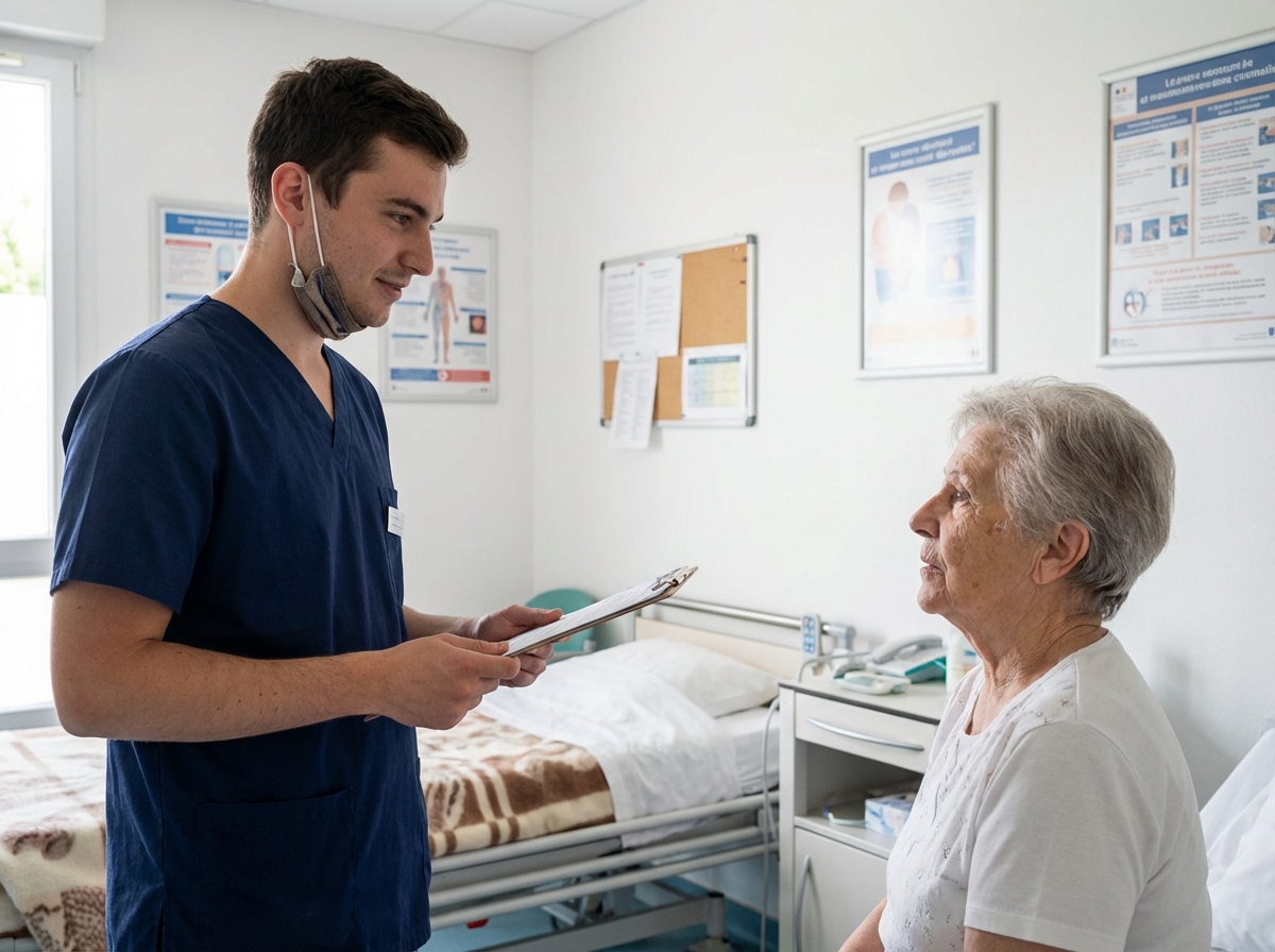 Jeune aide-soignant parlant avec un patient &acirc;g&eacute;