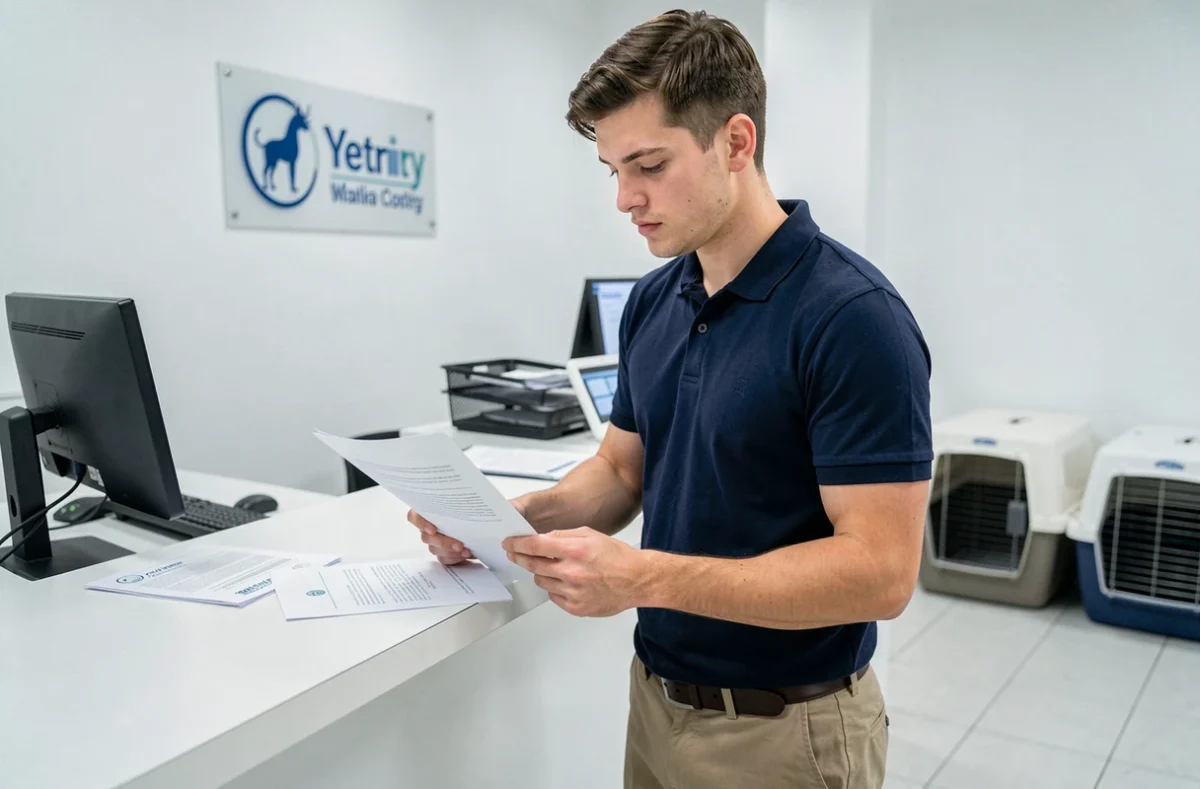 Jeune homme en alternance ASV consultant des documents dans une clinique vétérinaire professionnelle