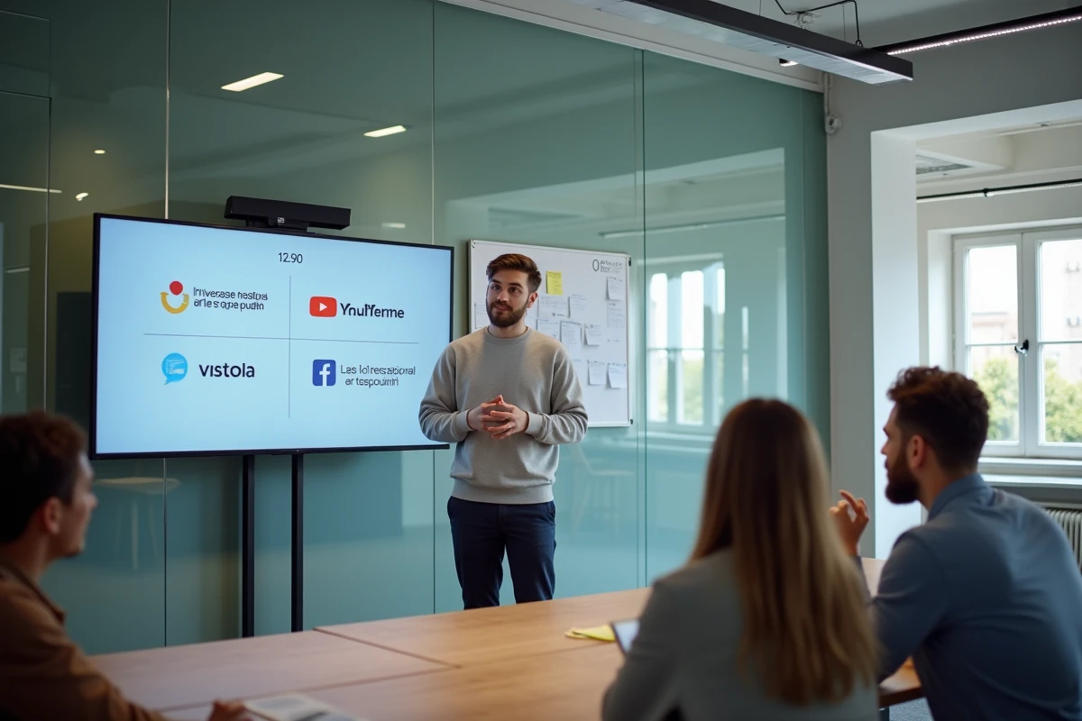 Jeune alternant en marketing digital présentant une stratégie social media à son équipe dans une agence parisienne