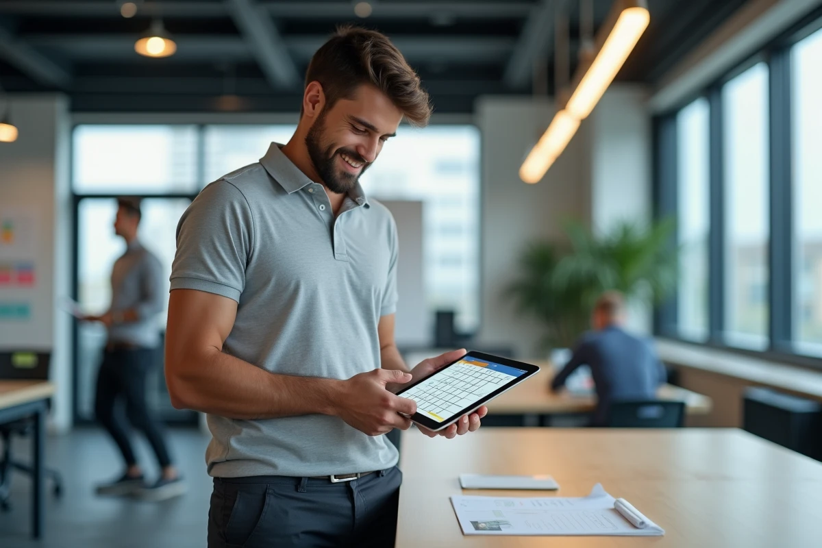 Jeune alternant consultant son emploi du temps école-entreprise sur une tablette dans un bureau en open space