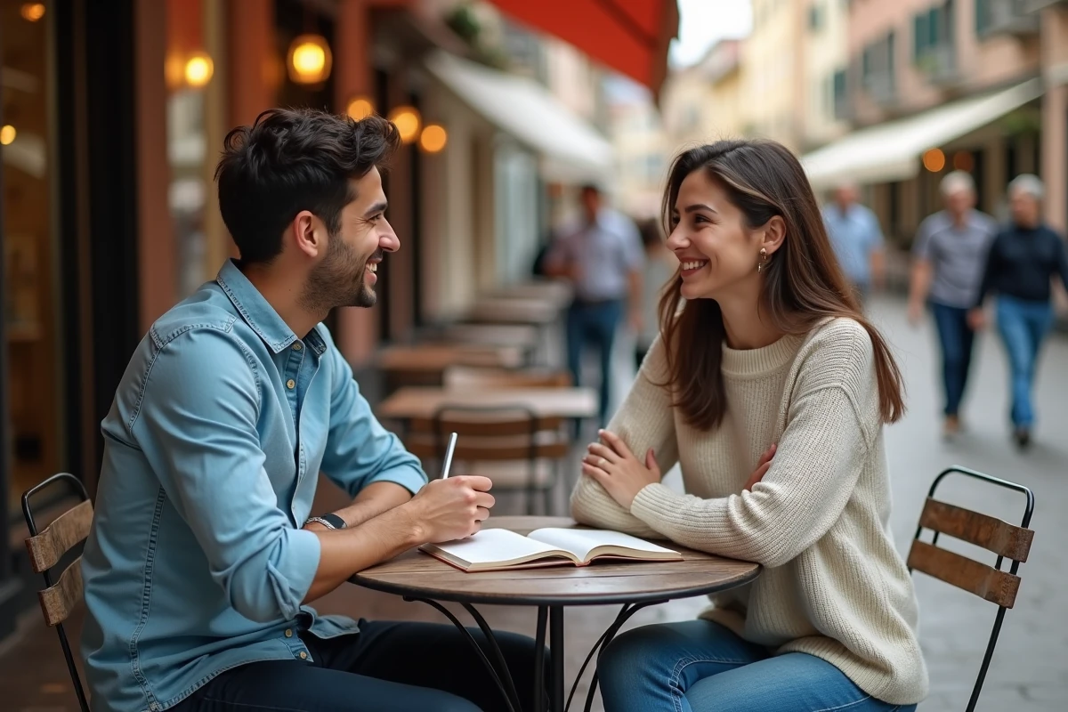 Deux amis adultes pratiquant la conversation en espagnol avec un guide de grammaire incluant la conjugaison du verbe SER en terrasse de café