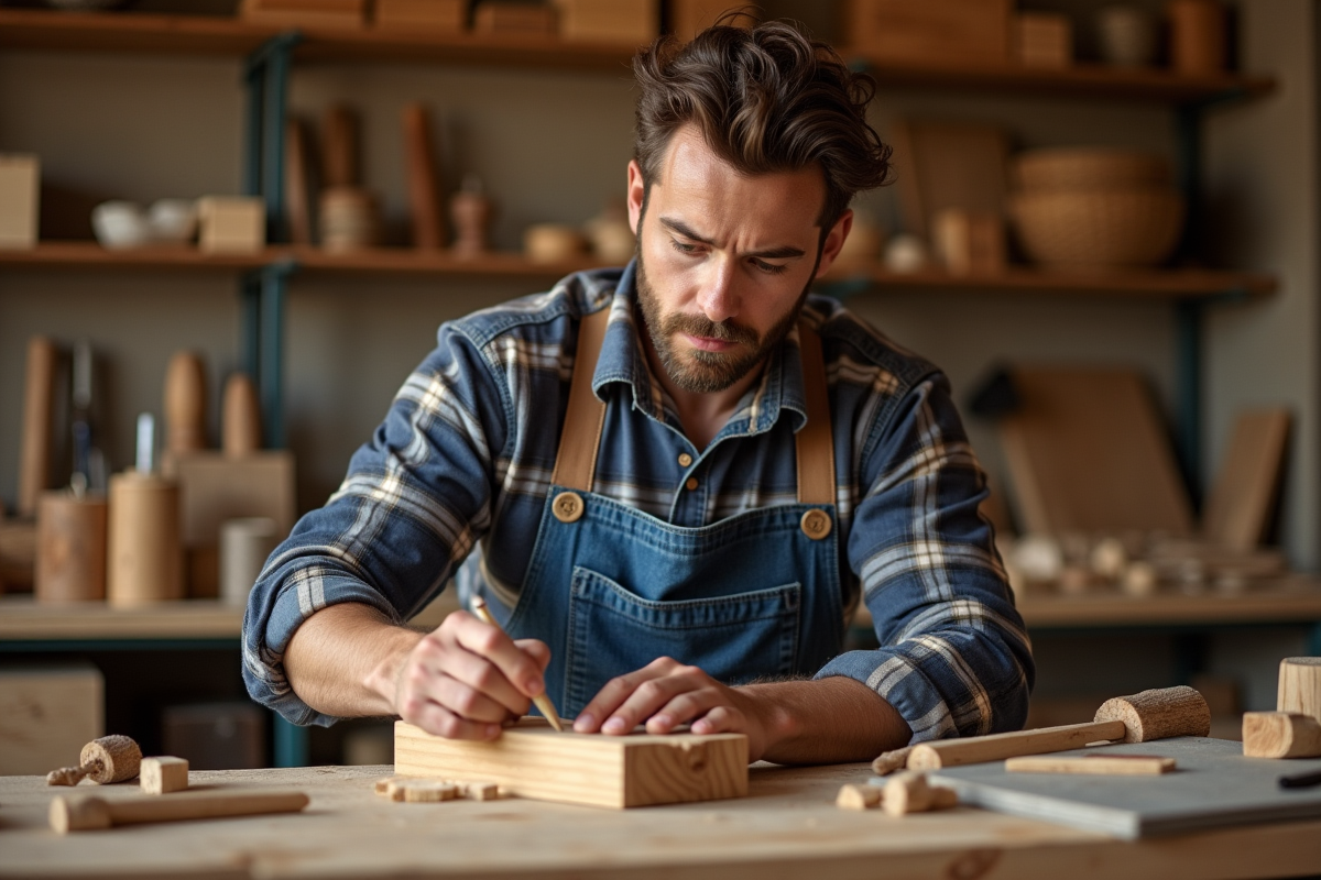 Jeune artisan sculptant du bois dans son atelier