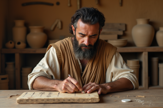 Artisan mésopotamien ancien sculptant une règle en os