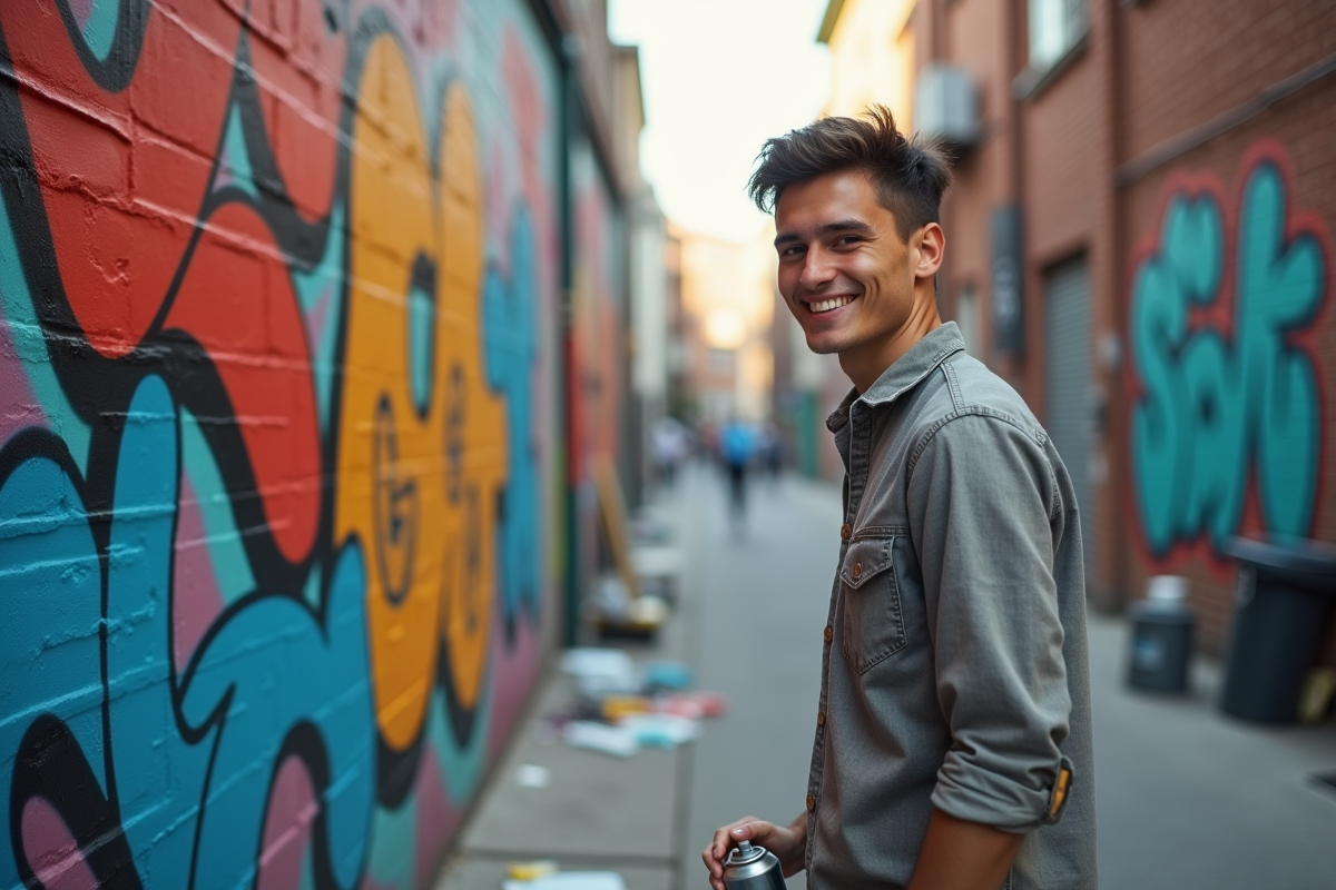 Jeune homme peignant un mural dans une ruelle urbaine