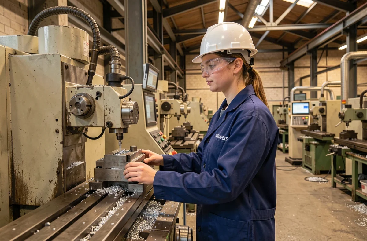 Étudiante en génie industriel opérant une machine CNC dans l'atelier de fabrication d'Arts et Métiers Bordeaux