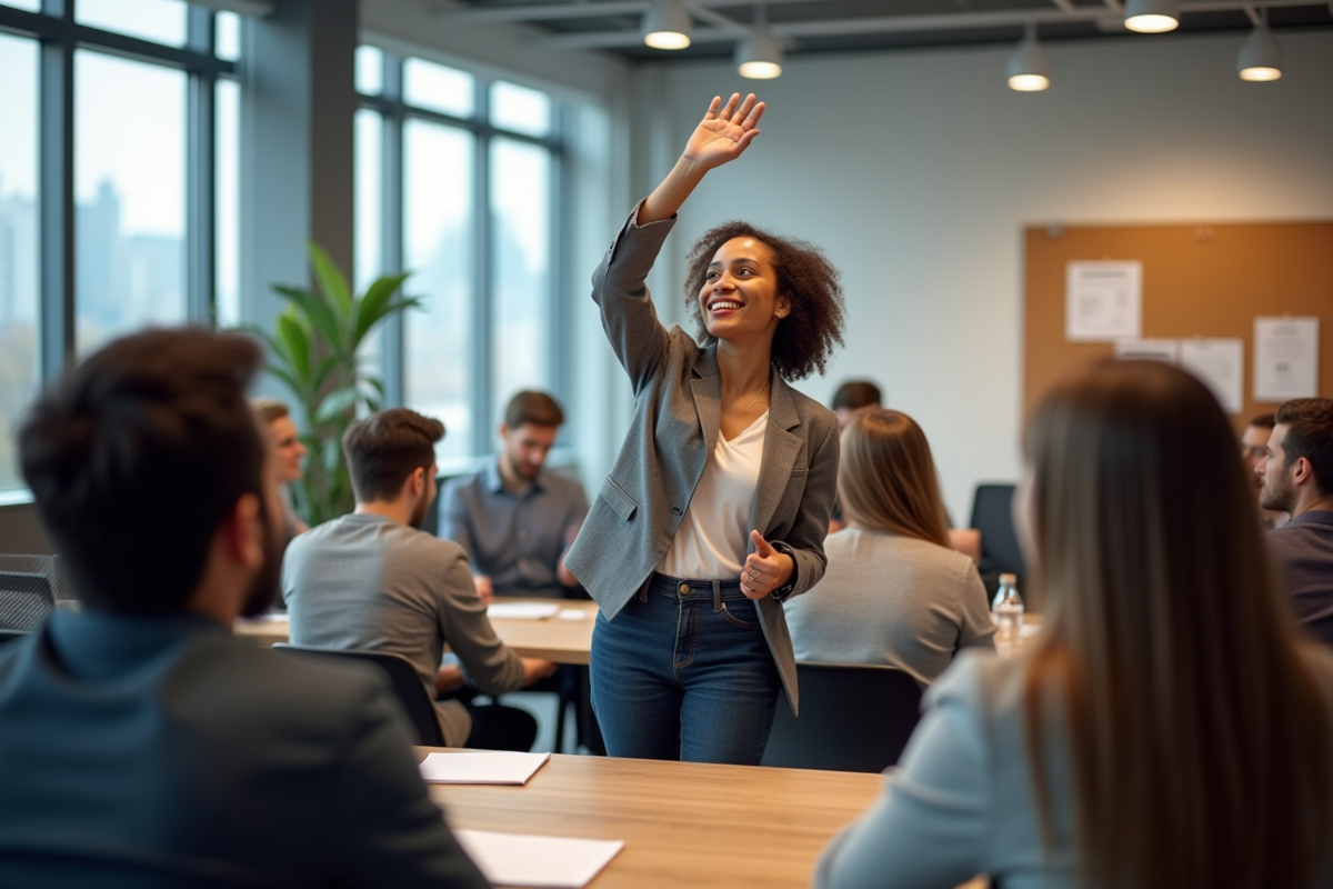 Groupe de professionnels en atelier interactif dans une salle lumineuse