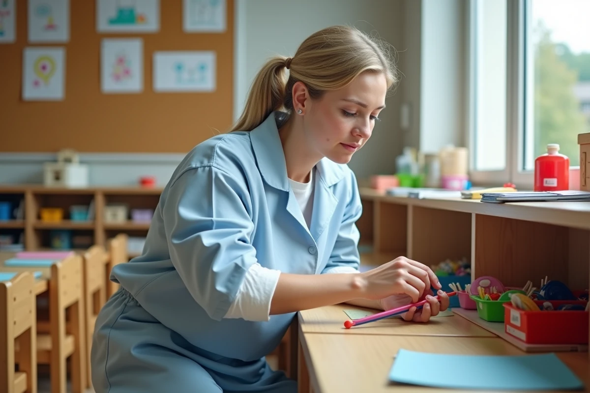 ATSEM en blouse bleue organisant des matériaux pédagogiques dans une classe de maternelle française