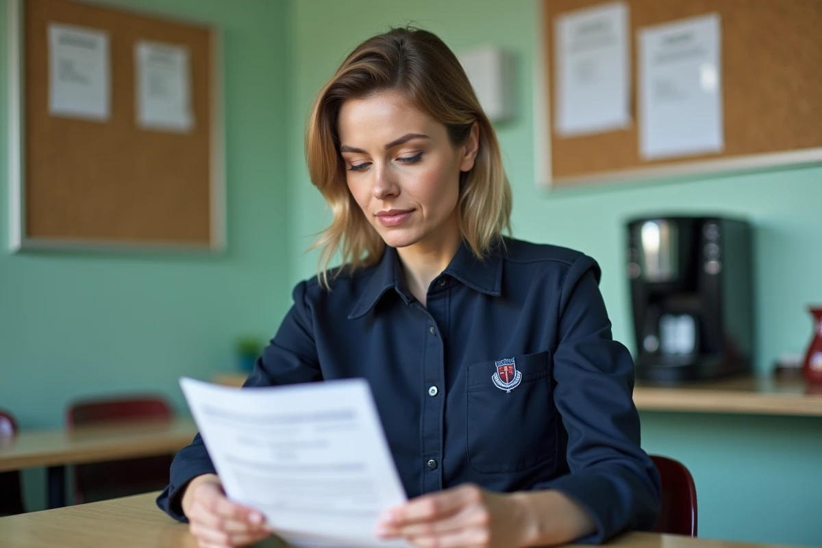 ATSEM examinant sa fiche de paie dans la salle du personnel d'une école municipale