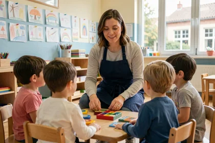 ATSEM femme en reconversion professionnelle interagissant avec des enfants en classe maternelle