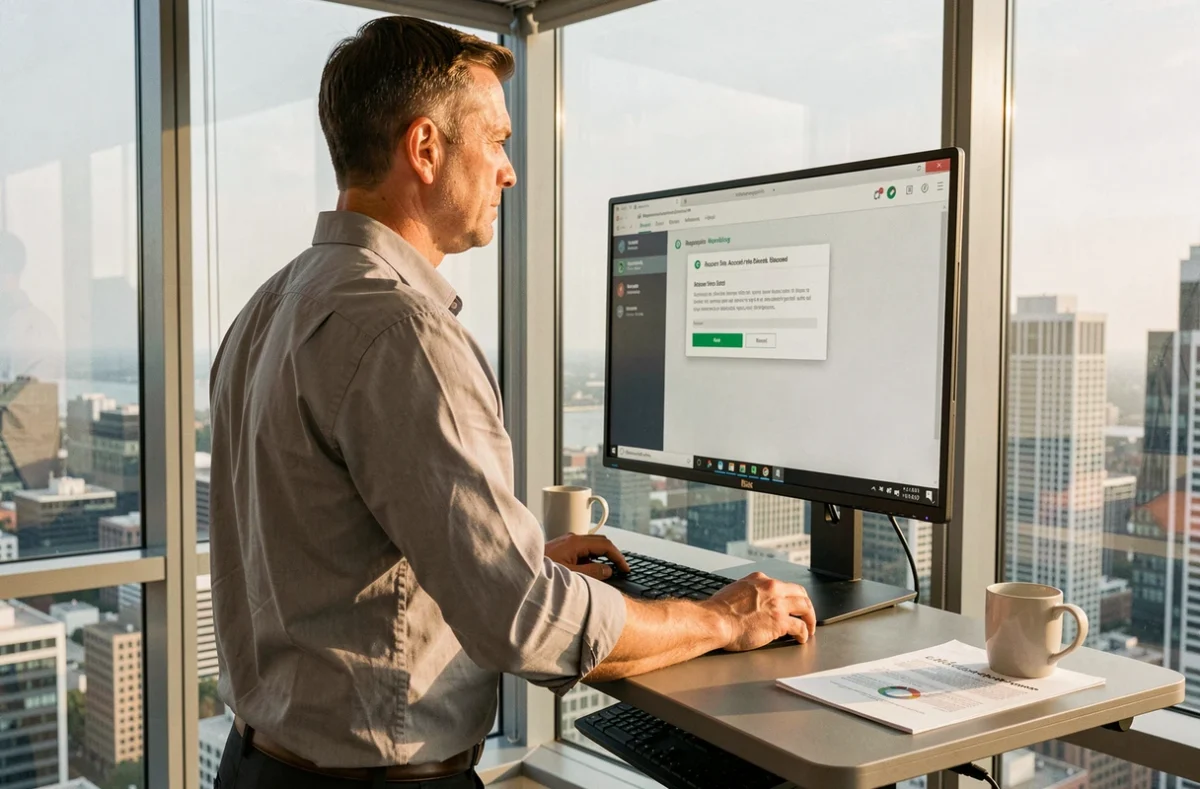 Homme face à un blocage d'accès sur une plateforme extranet ESG dans un bureau vitré