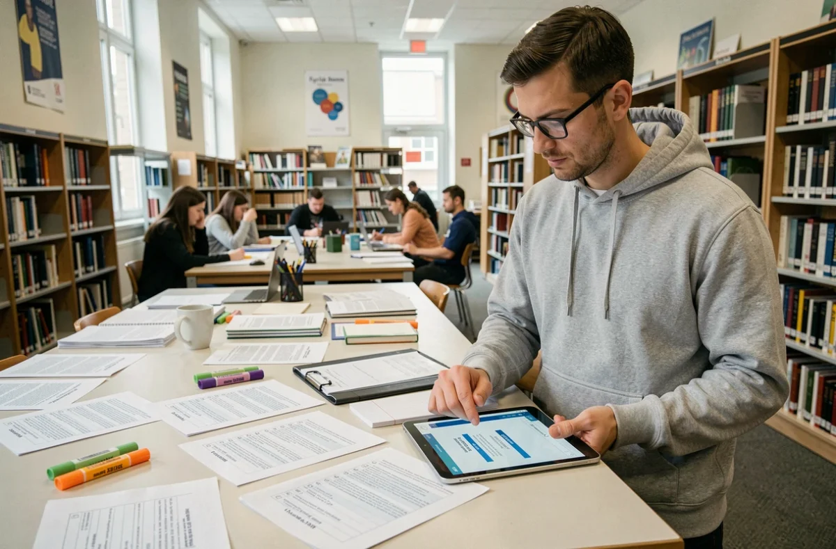 Candidat au CRPE vérifiant les étapes d'inscription Cyclade avec une checklist imprimée dans une bibliothèque universitaire