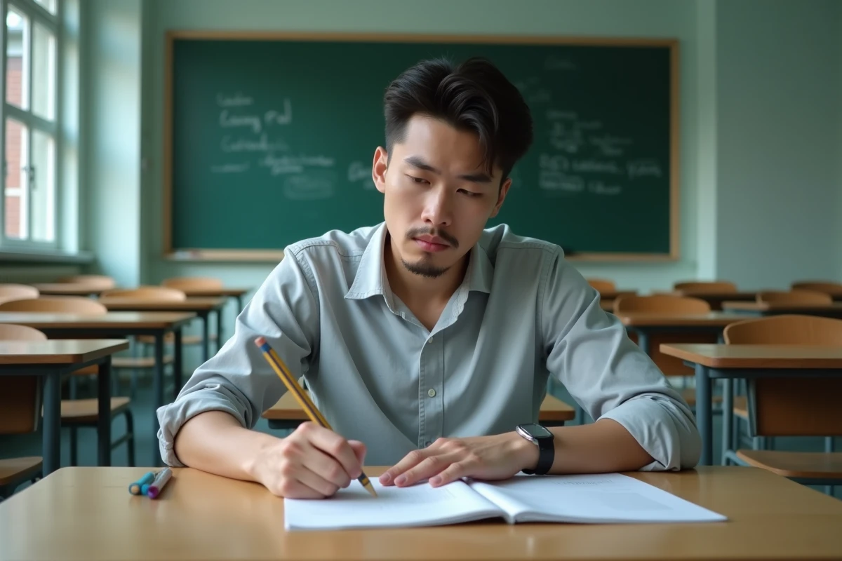 Candidat réalisant un exercice écrit de recrutement dans une salle de classe lors d'un processus de sélection scolaire