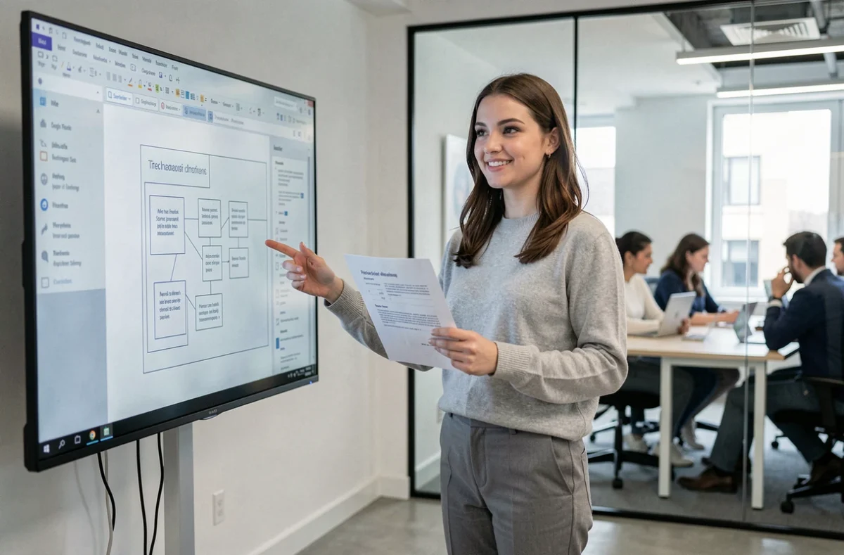 Jeune femme candidate à une alternance développeur web présentant son projet devant un écran dans un bureau moderne