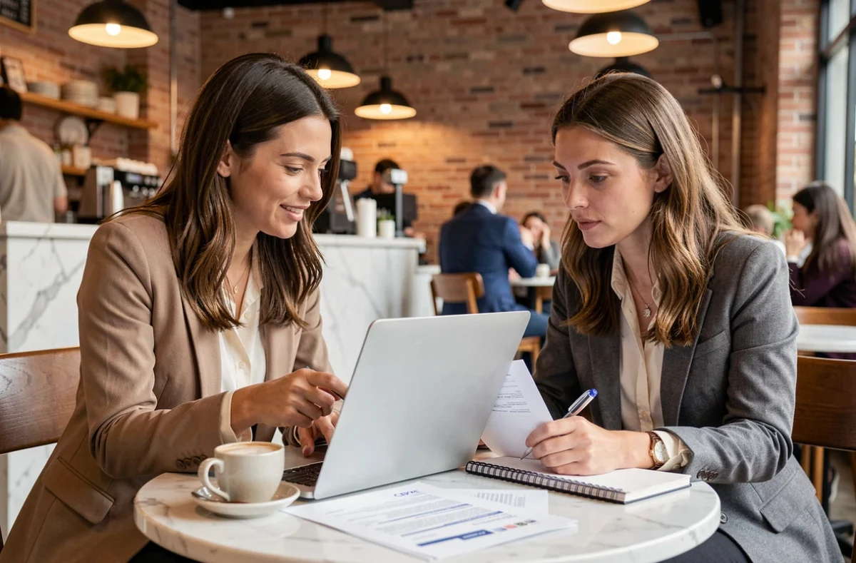 Deux futures enseignantes consultant ensemble les documents d'inscription au concours CRPE Cyclade dans un café urbain