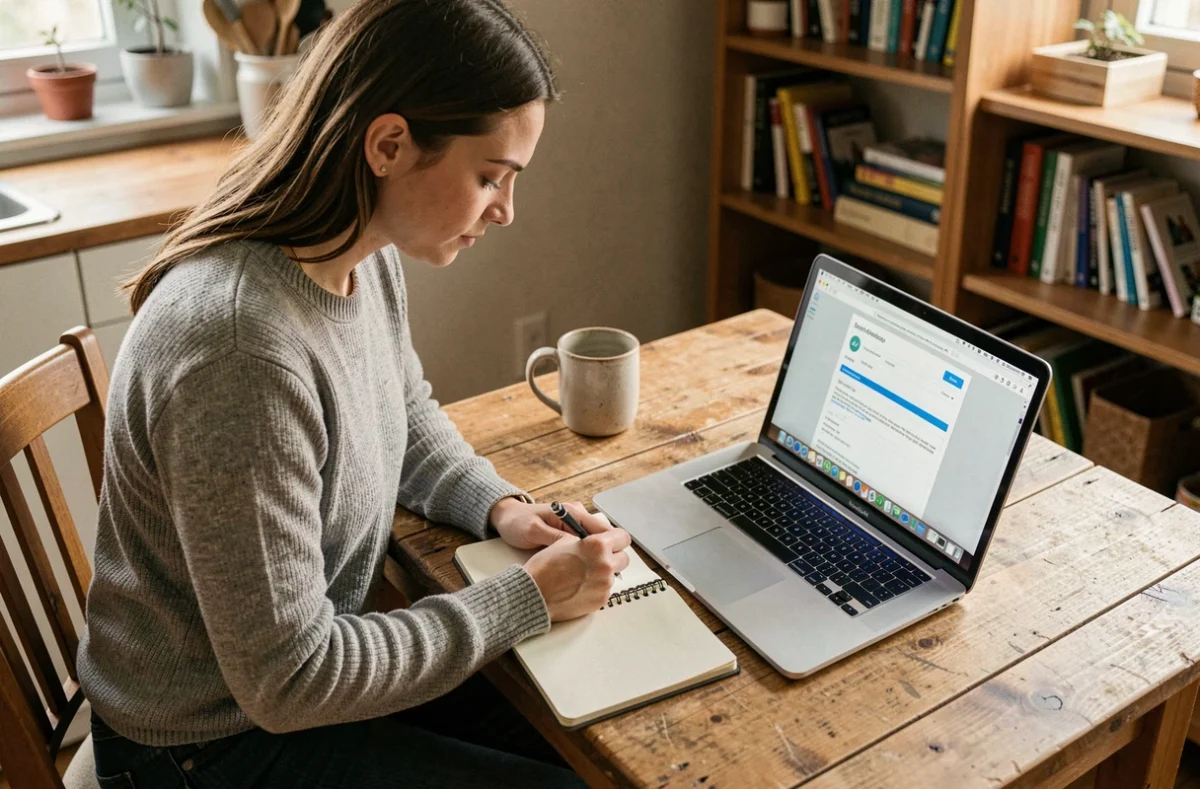 Femme préparant sa candidature sans CV solide depuis chez elle sur son ordinateur portable