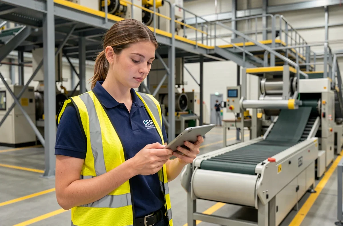 Étudiante ingénieure en alternance inspectant une chaîne de production industrielle dans le cadre de sa formation au CESI École d'Ingénieurs Bordeaux