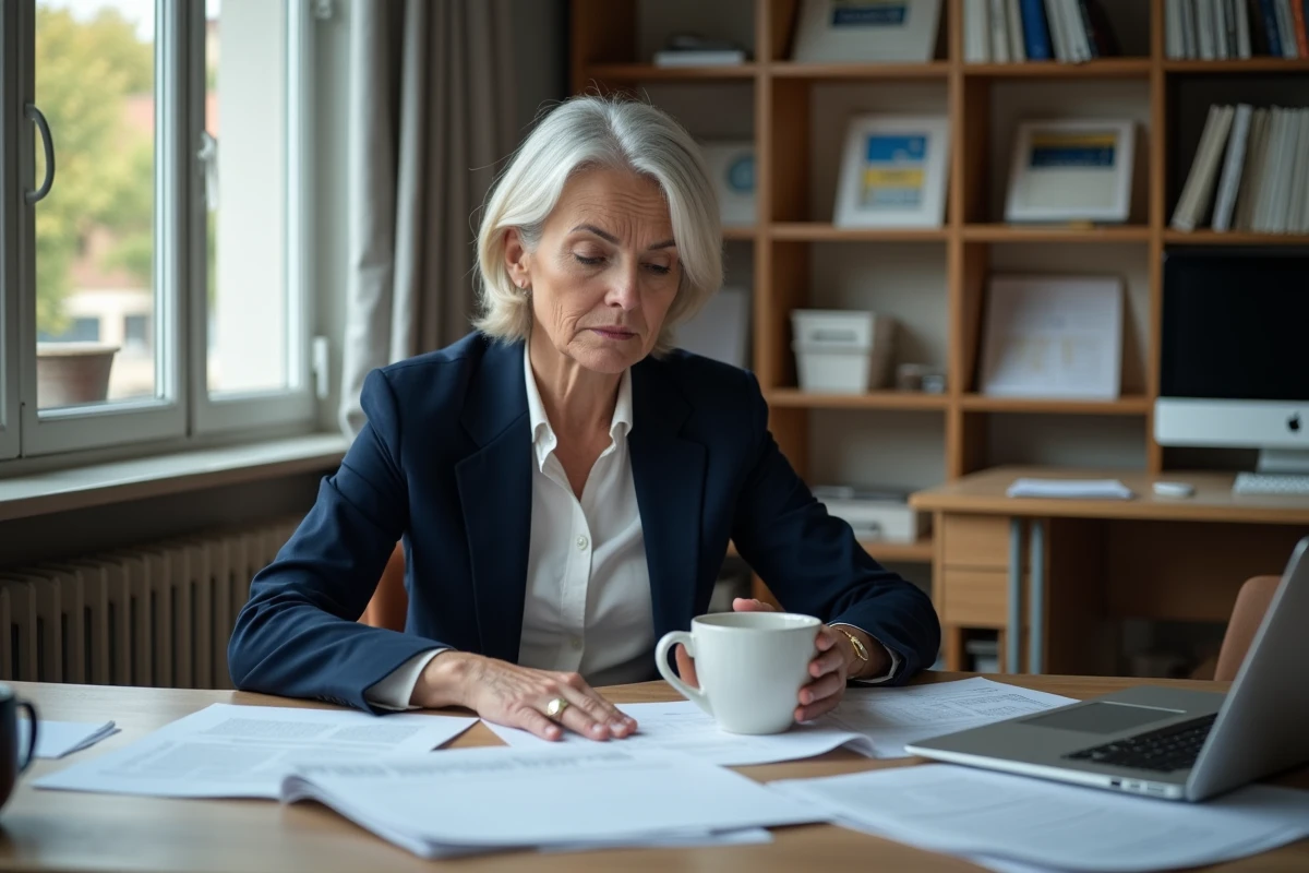 Cheffe d'établissement scolaire examinant des documents liés à la fin du Pacte enseignant dans son bureau