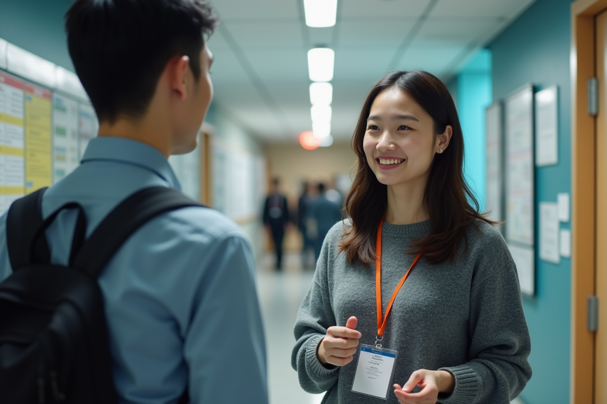 Jeune chercheuse asiatique parlant avec un collègue dans un couloir