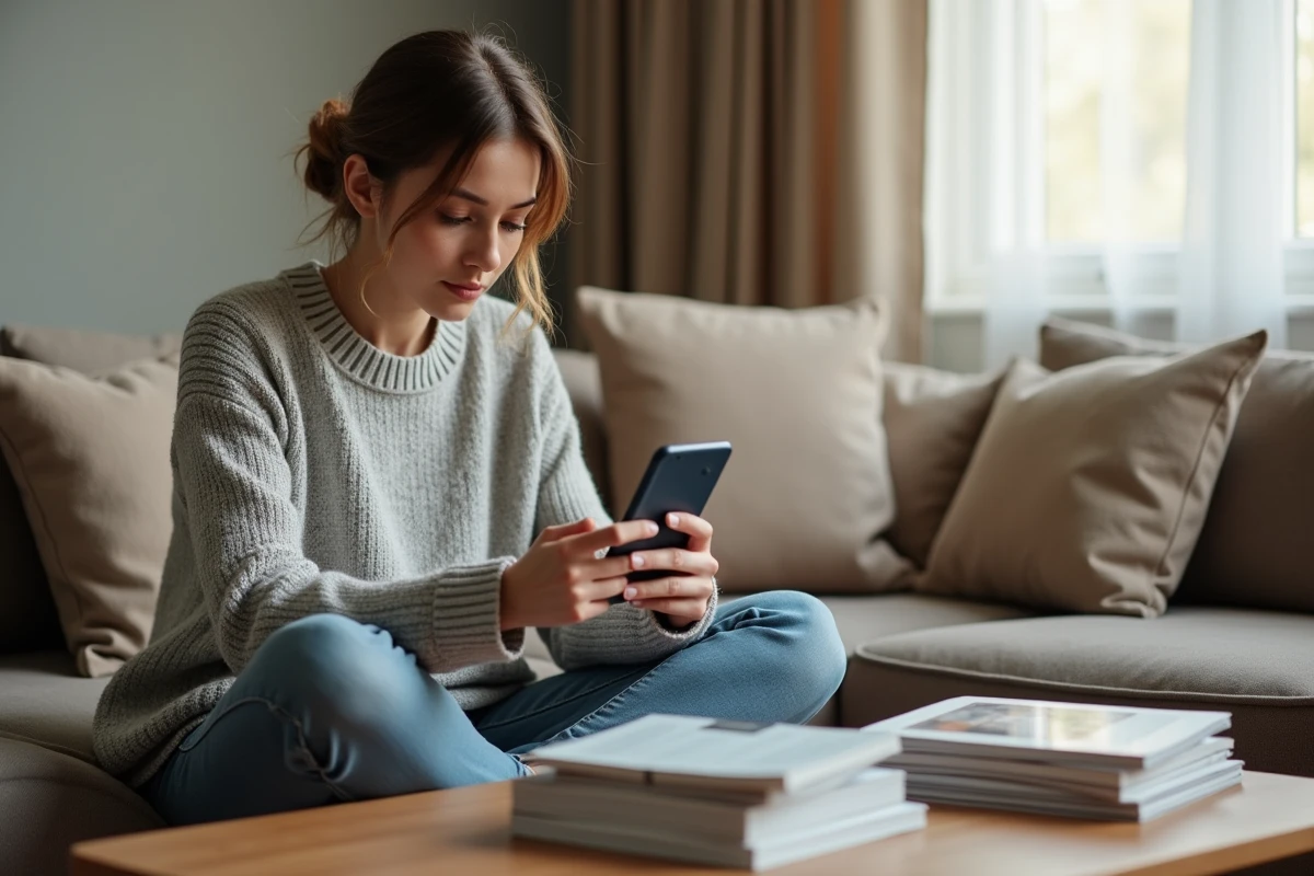 Jeune femme choisissant un abonnement magazine sur smartphone depuis son salon confortable