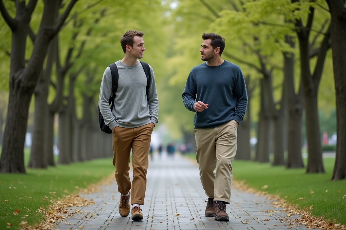 Jeune homme marche avec un coach dans un parc urbain
