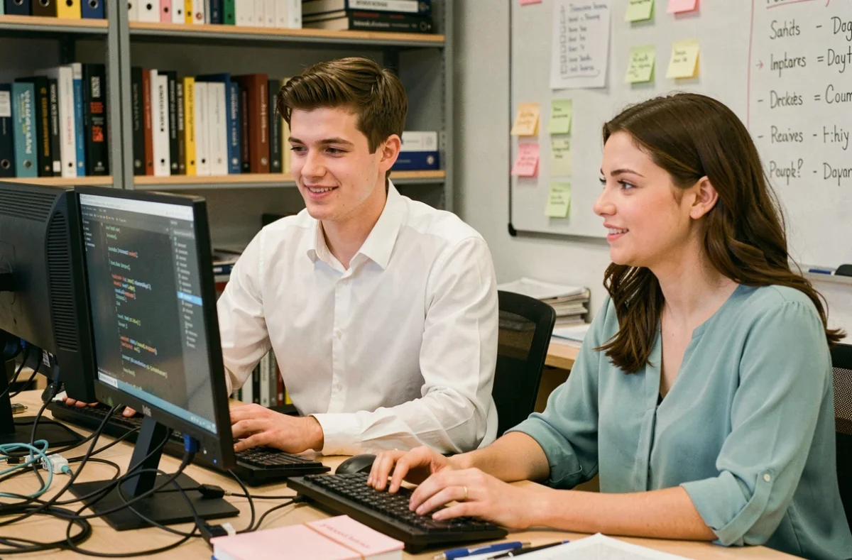Deux jeunes développeurs en alternance collaborant sur un projet web lors d'une session de mentorat en entreprise