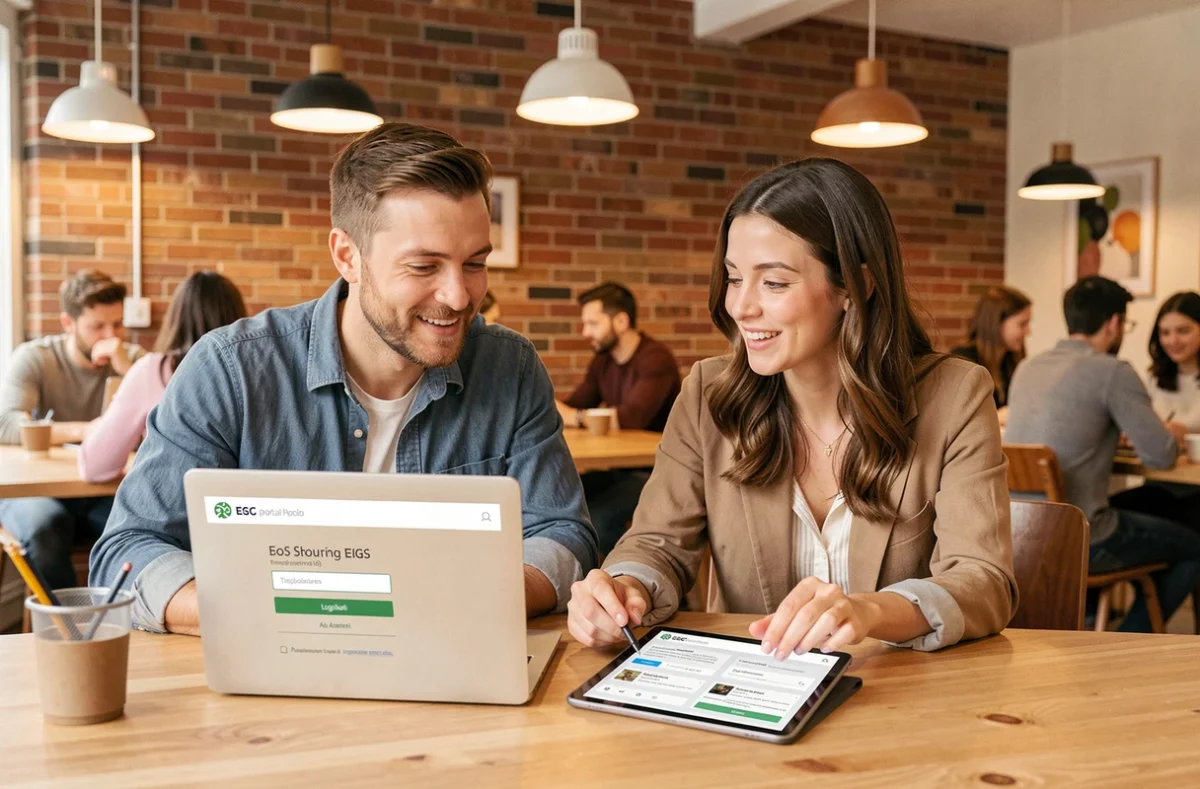 Deux collègues collaborant pour résoudre un problème de connexion à un extranet ESG dans un espace de coworking
