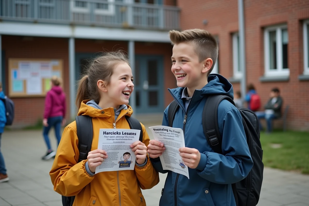 Deux élèves du collège Braque de Dieppe dans la cour tenant des flyers pour les activités périscolaires et clubs