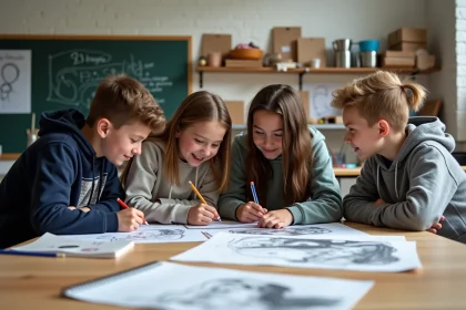 Élèves du collège Braque de Dieppe travaillant sur un projet artistique collaboratif en classe d'arts plastiques