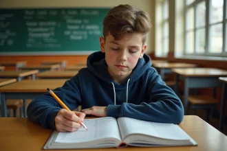 Collégien concentré sur un exercice de conjugaison du deuxième groupe verbal dans un cahier ouvert en classe