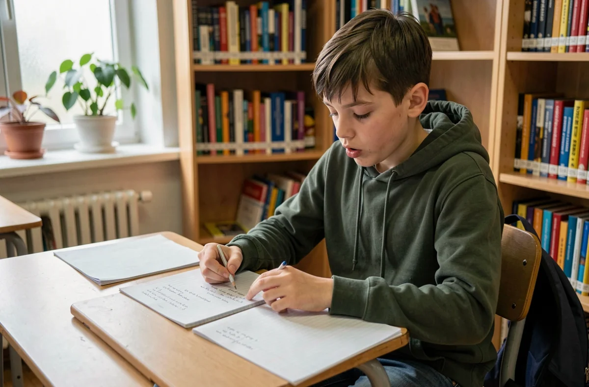 Collégien qui prépare et répète son discours de délégué de classe dans une bibliothèque scolaire