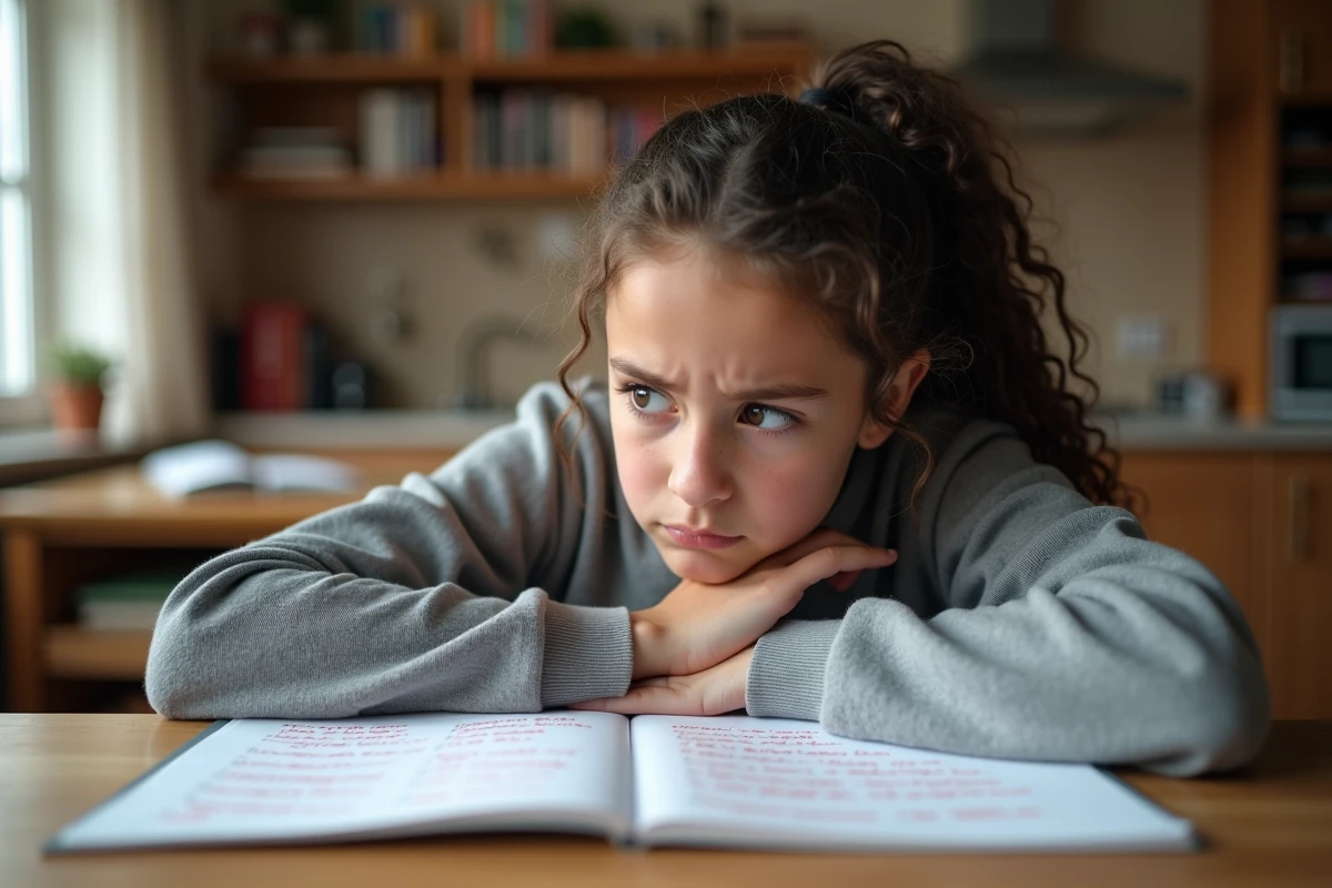 Collégienne révisant ses erreurs de conjugaison des verbes en -ir du deuxième groupe à la maison