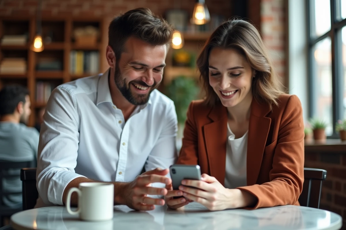 Deux collègues comparant leurs résultats d'un test de QI gratuit sur smartphone dans un café