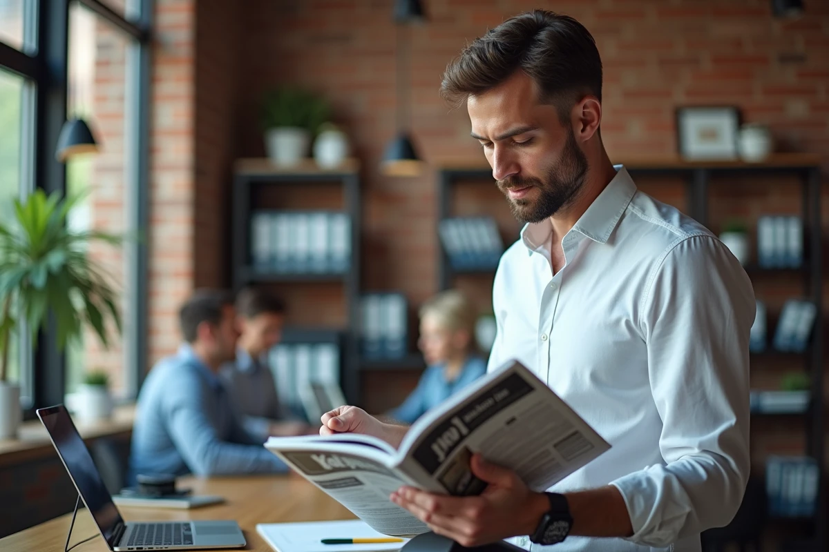 Homme professionnel comparant les offres d'abonnement magazine sur tablette dans un espace de coworking moderne