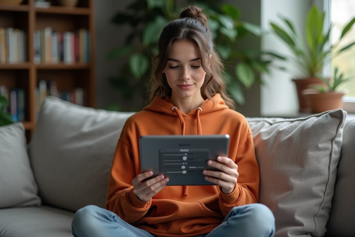 Jeune femme configurant les réglages de messagerie sur une tablette depuis son salon