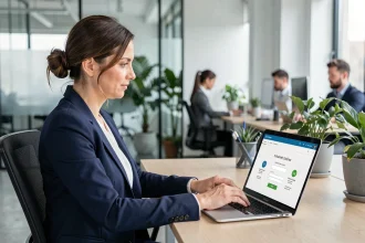 Femme professionnelle connectée à un extranet ESG sur ordinateur portable dans un bureau moderne