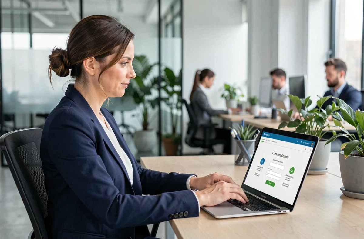 Femme professionnelle connectée à un extranet ESG sur ordinateur portable dans un bureau moderne