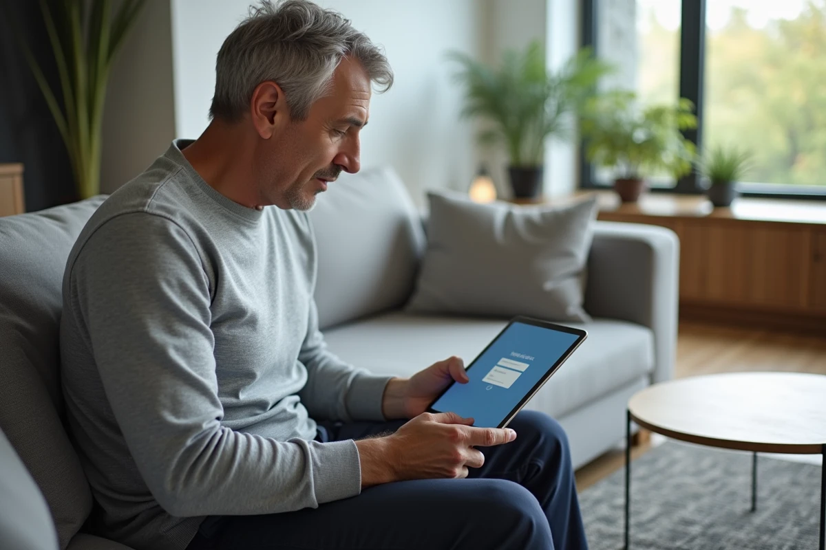 Homme consultant la plateforme numérique de l'Académie Orléans Tours sur une tablette dans son salon