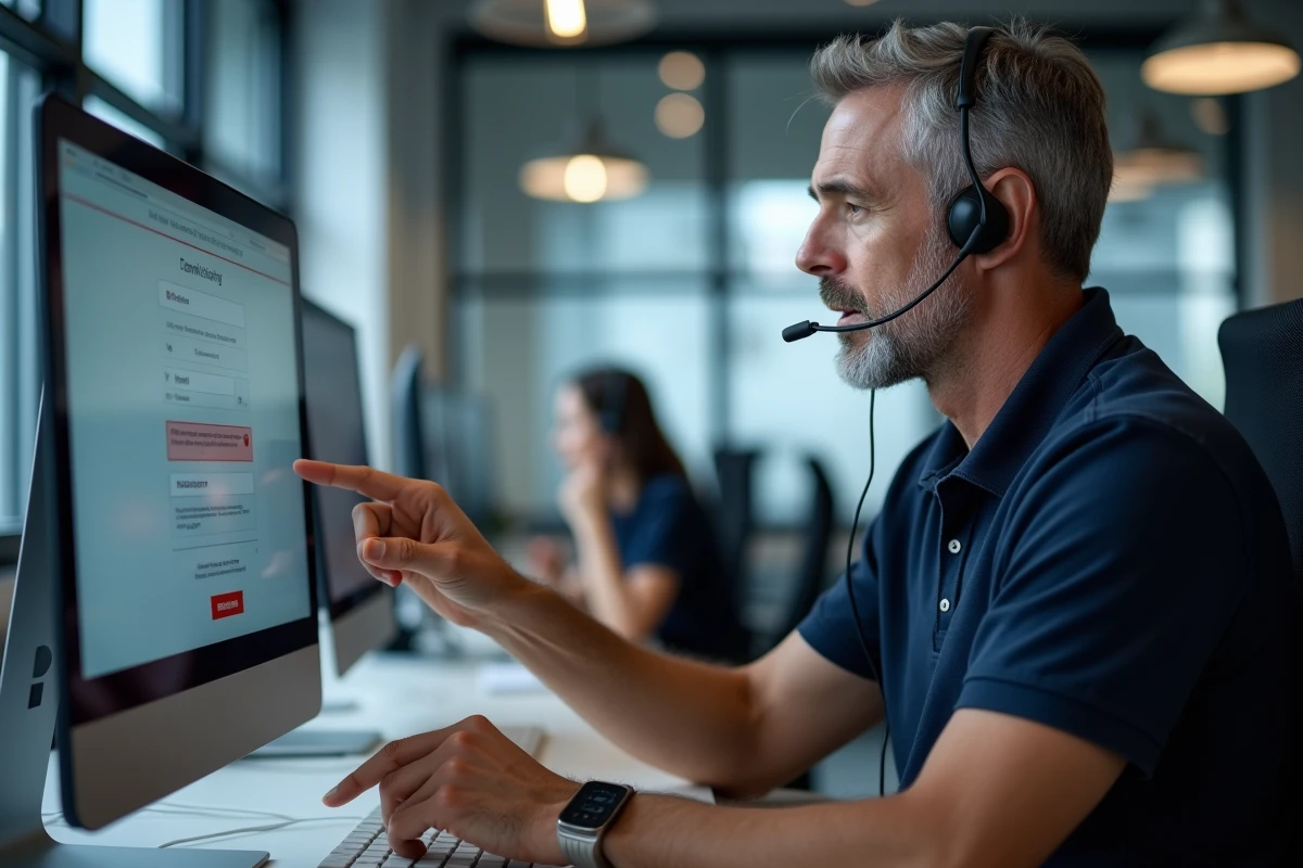 Conseiller d'un service administratif expliquant la résolution d'un message d'erreur sur un portail en ligne de type Melouvert