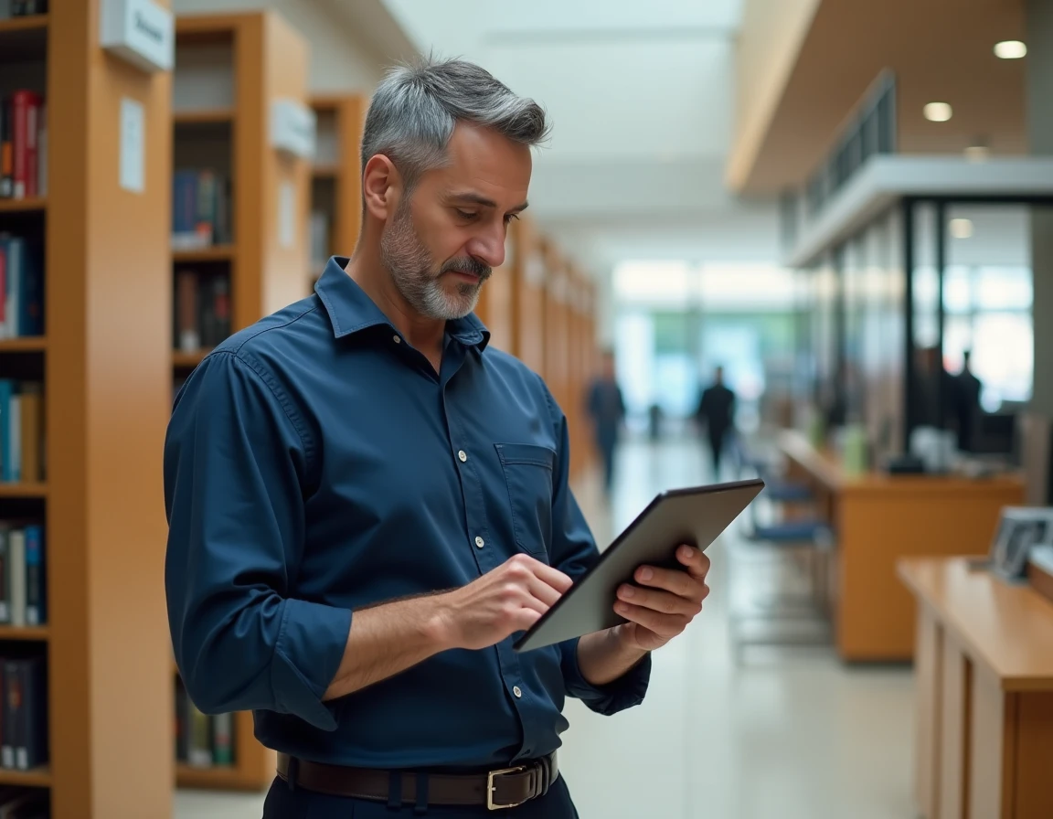 Homme consultant le site enc.hauts-de-seine.fr sur une tablette dans un espace public municipal